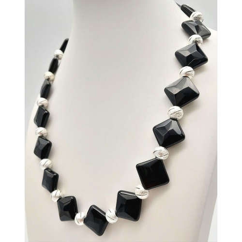 401 - A Polished Black Agate Square Bead Necklace with Fancy Silver-Coloured Glitter-ball Spacers. Necklac... 