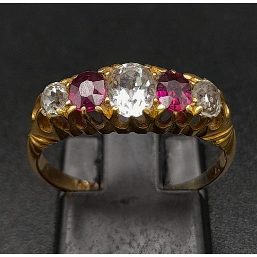 158 - 18K YELLOW GOLD ANTIQUE WHITE & RED OVAL 5 STONE RING. HALLMARKED BIRMINGHAM 1903. TOTAL WEIGHT 3.43... 