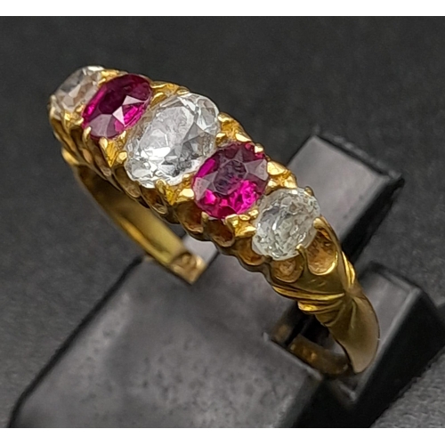 158 - 18K YELLOW GOLD ANTIQUE WHITE & RED OVAL 5 STONE RING. HALLMARKED BIRMINGHAM 1903. TOTAL WEIGHT 3.43... 