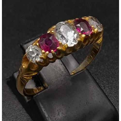 158 - 18K YELLOW GOLD ANTIQUE WHITE & RED OVAL 5 STONE RING. HALLMARKED BIRMINGHAM 1903. TOTAL WEIGHT 3.43... 