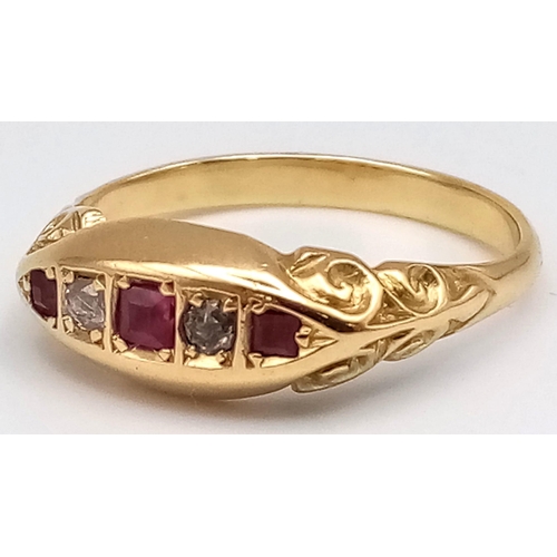 165 - 18K YELLOW GOLD VINTAGE DIAMOND & RUBY RING. TOTAL WEIGHT 4.2G.  SIZE O