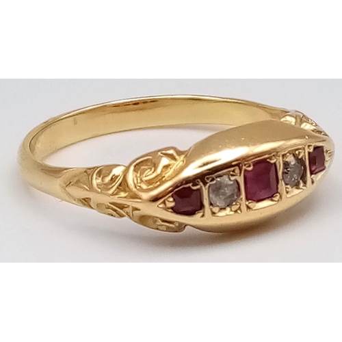 165 - 18K YELLOW GOLD VINTAGE DIAMOND & RUBY RING. TOTAL WEIGHT 4.2G.  SIZE O