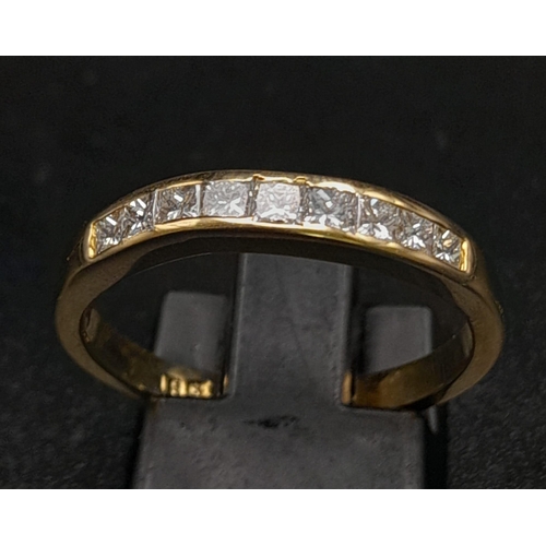 222 - 18K YELLOW GOLD, PRINCESS CUT DIAMOND, 1/2 ETERNITY RING.  0.50CT DIAMOND. TOTAL WEIGHT 3.2G.  SIZE ... 