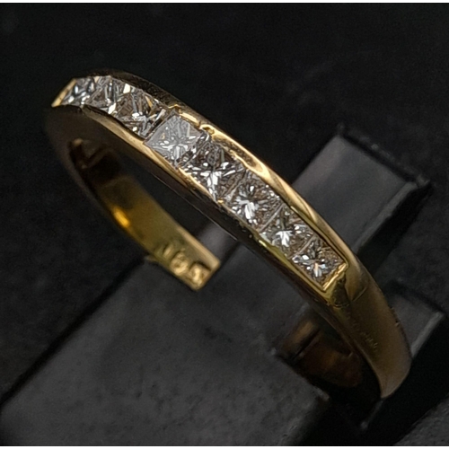 222 - 18K YELLOW GOLD, PRINCESS CUT DIAMOND, 1/2 ETERNITY RING.  0.50CT DIAMOND. TOTAL WEIGHT 3.2G.  SIZE ... 