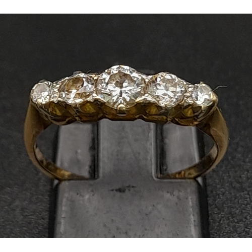 236 - 18K YELLOW GOLD VINTAGE DIAMOND 5 STONE RING. 0.50CT DIAMOND. TOTAL WEIGHT 2.3G SIZE N