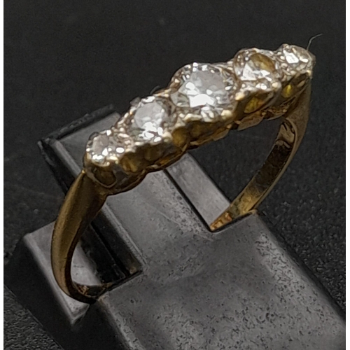 236 - 18K YELLOW GOLD VINTAGE DIAMOND 5 STONE RING. 0.50CT DIAMOND. TOTAL WEIGHT 2.3G SIZE N