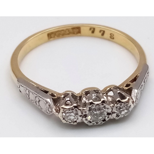 271 - 18K YELLOW GOLD VINTAGE DIAMOND 3 STONE RING. 0.15CT DIAMOND. TOTAL WEIGHT 2.3G.  SIZE L