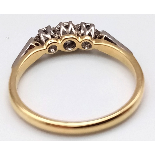 271 - 18K YELLOW GOLD VINTAGE DIAMOND 3 STONE RING. 0.15CT DIAMOND. TOTAL WEIGHT 2.3G.  SIZE L