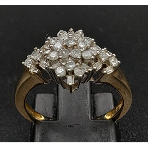 313 - 9K YELLOW GOLD DIAMOND CLUSTER RING.  0.50CT DIAMOND. TOTAL WEIGHT 2.8G.  SIZE L