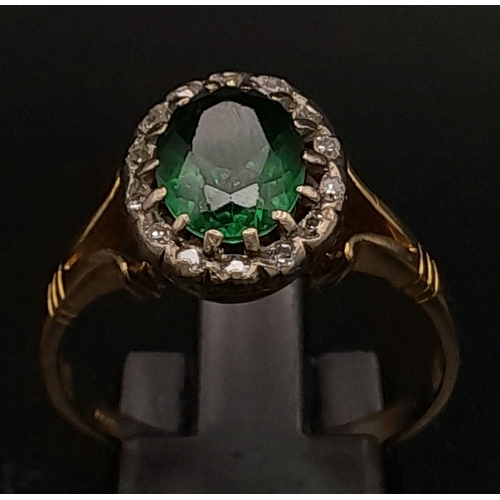 88 - 18K YELLOW GOLD VINTAGE DIAMOND & GREEN TOPAZ CLUSTER RING. TOTAL WEIGHT 5.4G.  SIZE S