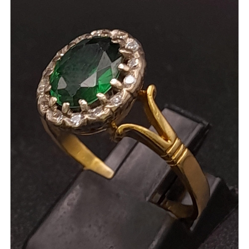 88 - 18K YELLOW GOLD VINTAGE DIAMOND & GREEN TOPAZ CLUSTER RING. TOTAL WEIGHT 5.4G.  SIZE S