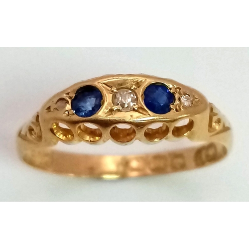 348 - A 18K YELLOW GOLD VINTAGE DIAMOND & SAPPHIRE RING HALLMARKED BIRMINGHAM 2.3G SIZE P