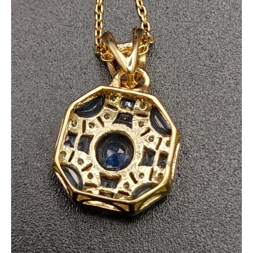 368 - An 18K Yellow Gold, Sapphire and Diamond Octagonal Pendant on an 18K Yellow Gold Disappearing Neckla... 