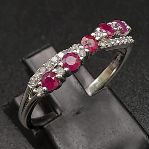 396 - 9K WHITE GOLD DIAMOND & RUBY TWIST CROSSOVER RING 2.3G SIZE R