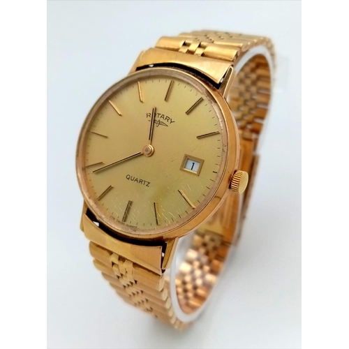 52 - A 9K GOLD ROTARY GENTS QUARTZ WATCH ON A SOLID 9K GOLD STRAP , FULL WORKING ORDER ,34mm  TOTAL WEIGH... 