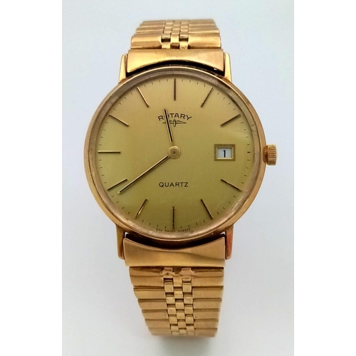 52 - A 9K GOLD ROTARY GENTS QUARTZ WATCH ON A SOLID 9K GOLD STRAP , FULL WORKING ORDER ,34mm  TOTAL WEIGH... 