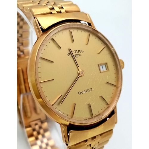 52 - A 9K GOLD ROTARY GENTS QUARTZ WATCH ON A SOLID 9K GOLD STRAP , FULL WORKING ORDER ,34mm  TOTAL WEIGH... 