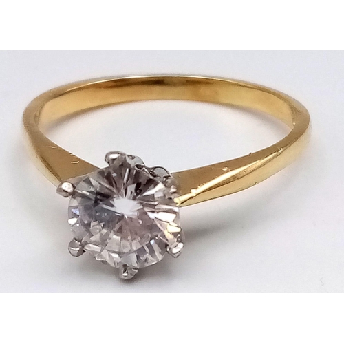 53 - 18K YELLOW GOLD 1CT MOISSANITE SOLITAIRE RING. TOTAL WEIGHT 2.6G. SIZE N