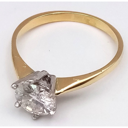 53 - 18K YELLOW GOLD 1CT MOISSANITE SOLITAIRE RING. TOTAL WEIGHT 2.6G. SIZE N