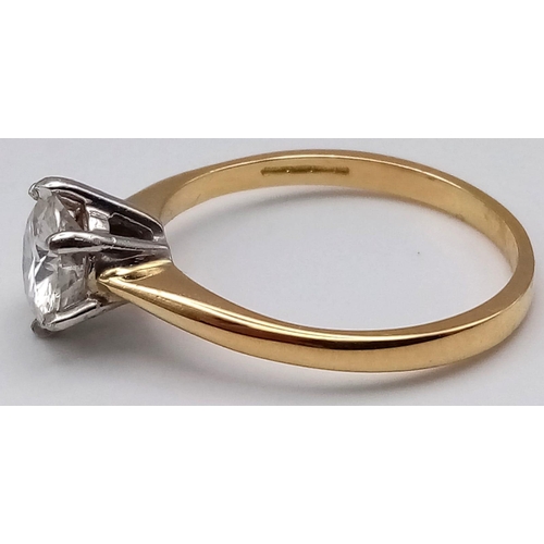 53 - 18K YELLOW GOLD 1CT MOISSANITE SOLITAIRE RING. TOTAL WEIGHT 2.6G. SIZE N