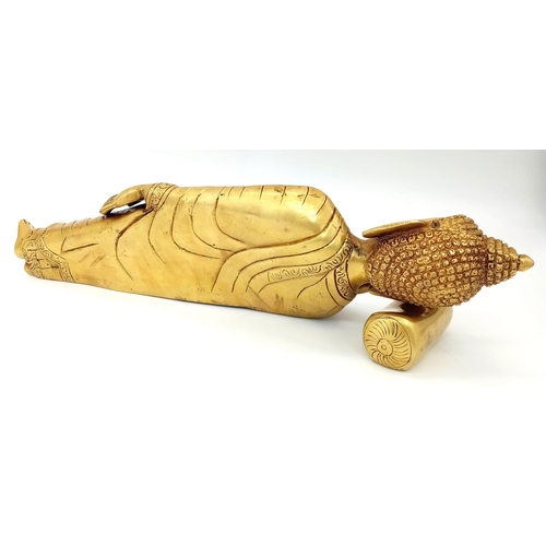 1632 - A Large Brass Reclining Buddha Figure with Head-Rest Pillow. 37cm length. 2.4k weight.