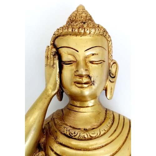 1632 - A Large Brass Reclining Buddha Figure with Head-Rest Pillow. 37cm length. 2.4k weight.