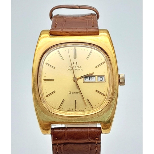 170 - A Classic Omega Geneve Automatic Gents Watch. Brown leather strap. Two tone case - 36mm. Gold tone d... 