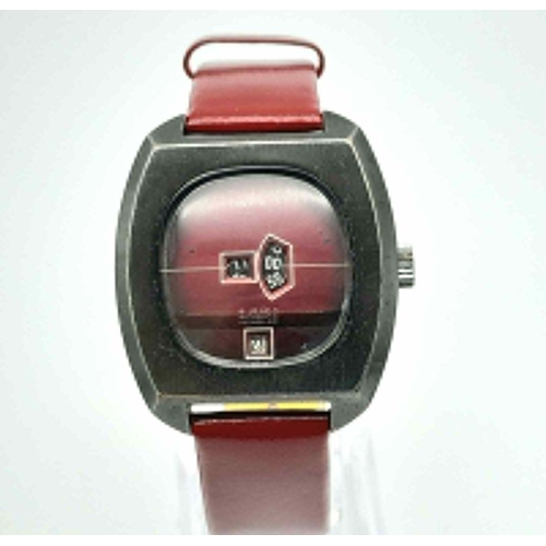 220 - A Rare Vintage Initial 21 Jewel Automatic Jump Watch. Red leather strap. Stainless steel case - 38mm... 