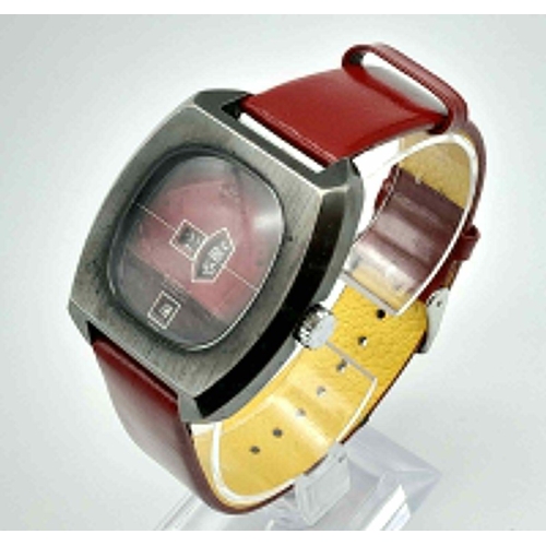 220 - A Rare Vintage Initial 21 Jewel Automatic Jump Watch. Red leather strap. Stainless steel case - 38mm... 