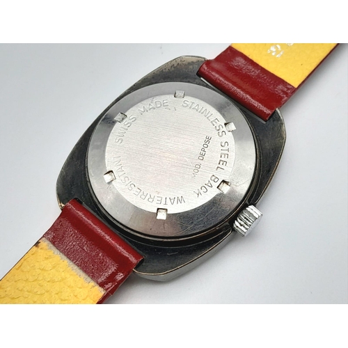 220 - A Rare Vintage Initial 21 Jewel Automatic Jump Watch. Red leather strap. Stainless steel case - 38mm... 