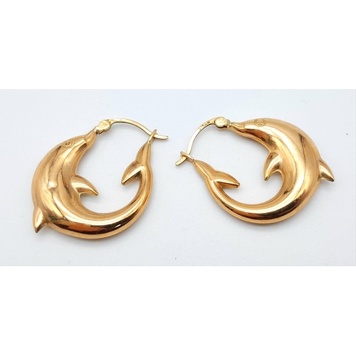 317 - A PAIR OF DOLPHIN HOOP EARRINGS IN 9K GOLD.   2gms