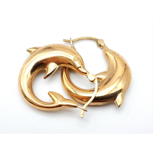 317 - A PAIR OF DOLPHIN HOOP EARRINGS IN 9K GOLD.   2gms