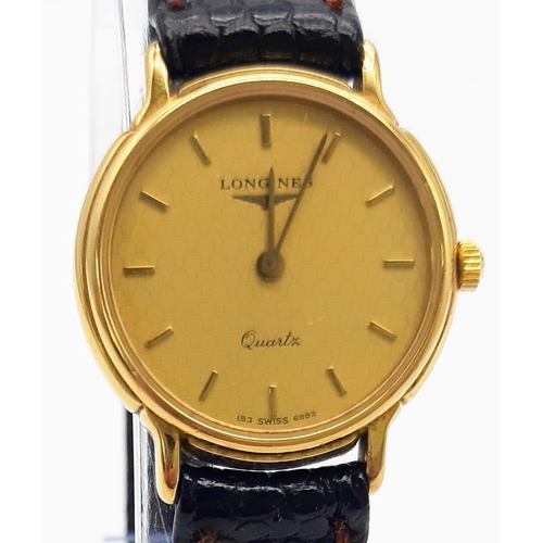 1634 - A Classic Longine Quartz Ladies Watch. Leather strap. Gilded case - 23mm. Gold tone dial. In good co... 