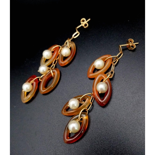 407 - A Pair of Amber and Pearl 18K Gold Drop Earrings. 5cm. 8.78g total weight.