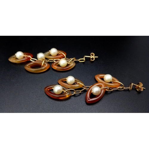 407 - A Pair of Amber and Pearl 18K Gold Drop Earrings. 5cm. 8.78g total weight.