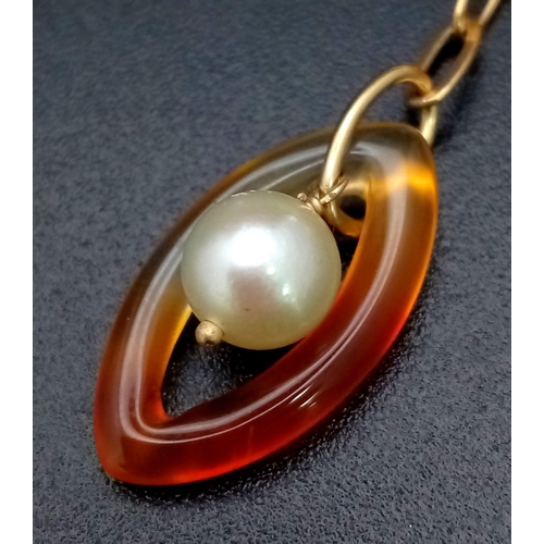 407 - A Pair of Amber and Pearl 18K Gold Drop Earrings. 5cm. 8.78g total weight.