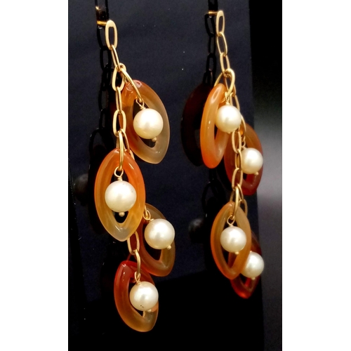 407 - A Pair of Amber and Pearl 18K Gold Drop Earrings. 5cm. 8.78g total weight.