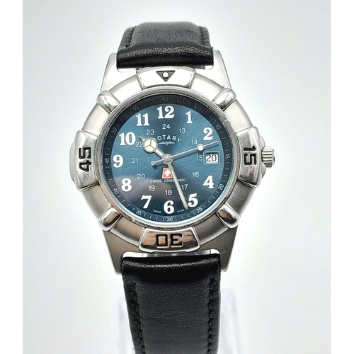 1624 - A Rotary Swiss Commando Quartz Gents Watch. Black leather strap. Stainless steel case - 37mm. Ice bl... 