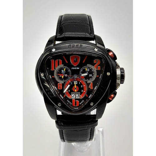 227 - A Lamborghini Chronograph Gents Watch. Black leather strap. Trillion shaped case - 50mm width. Black... 