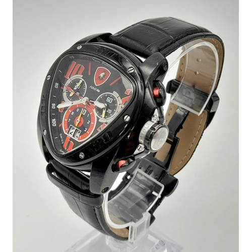 227 - A Lamborghini Chronograph Gents Watch. Black leather strap. Trillion shaped case - 50mm width. Black... 