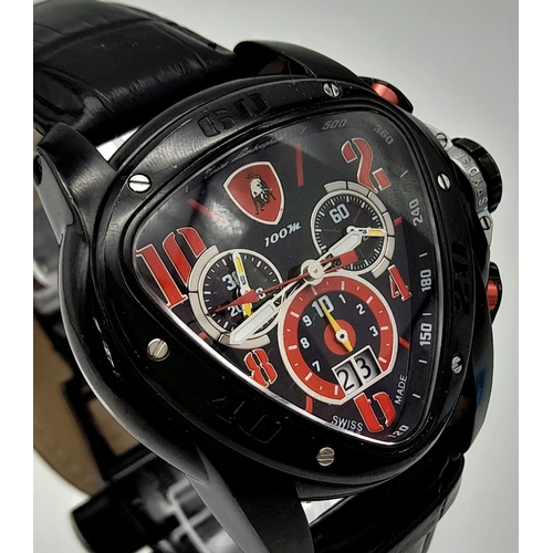 227 - A Lamborghini Chronograph Gents Watch. Black leather strap. Trillion shaped case - 50mm width. Black... 