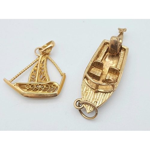 228 - 2 9K GOLD CHARMS WITH A NAUTICAL THEME , A SAILING SHIP AND A SPEEDBOAT. 5.5gms