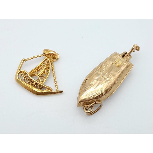 228 - 2 9K GOLD CHARMS WITH A NAUTICAL THEME , A SAILING SHIP AND A SPEEDBOAT. 5.5gms