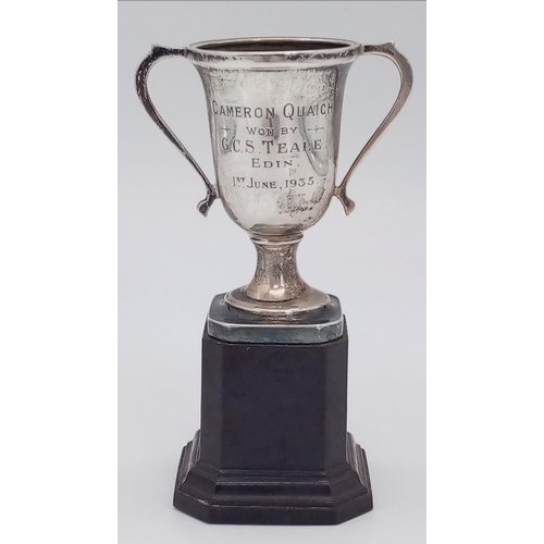 276 - THE CAMERON QUAICH SILVER CUP FROM 1ST JUNE 1935 ON PLYNTH STANDING 11cms TALL TOTAL WEIGHT 88.4gms