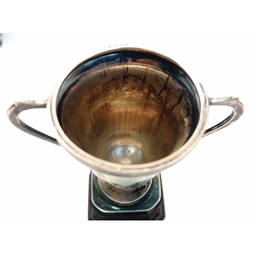 276 - THE CAMERON QUAICH SILVER CUP FROM 1ST JUNE 1935 ON PLYNTH STANDING 11cms TALL TOTAL WEIGHT 88.4gms