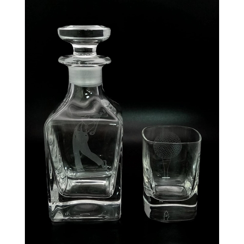 381 - A Golfing Themed Small Whiskey Decanter and Shot Glass. Comes in a fitted box - the perfect present ... 