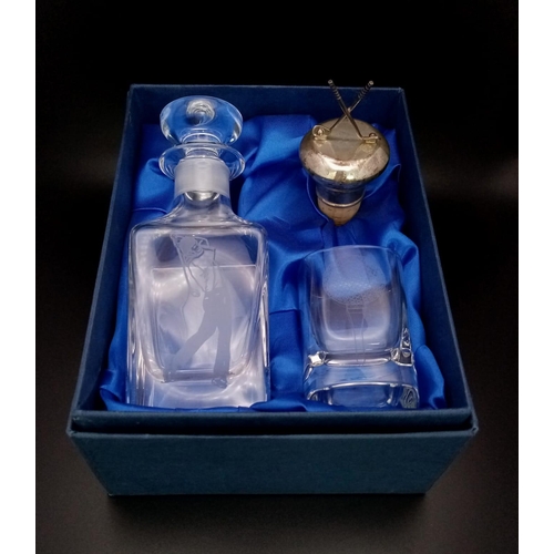 381 - A Golfing Themed Small Whiskey Decanter and Shot Glass. Comes in a fitted box - the perfect present ... 