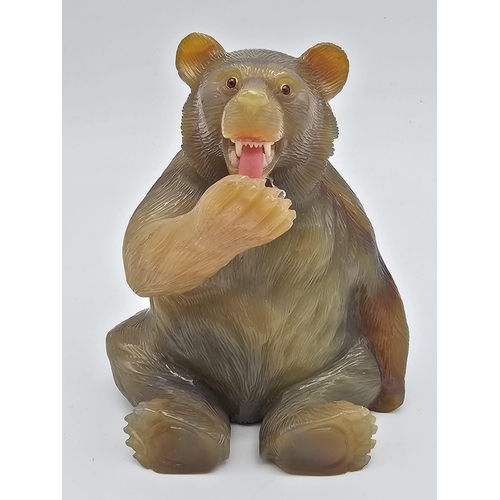 8 - A Rare Russian, Hardstone Agate, Gold ,Jade and Ruby eyed Bear. Hardstone carving of a seated bear w... 