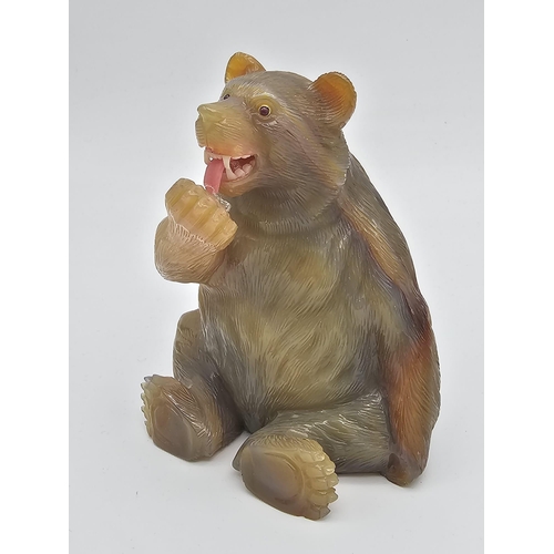 8 - A Rare Russian, Hardstone Agate, Gold ,Jade and Ruby eyed Bear. Hardstone carving of a seated bear w... 