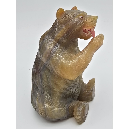 8 - A Rare Russian, Hardstone Agate, Gold ,Jade and Ruby eyed Bear. Hardstone carving of a seated bear w... 